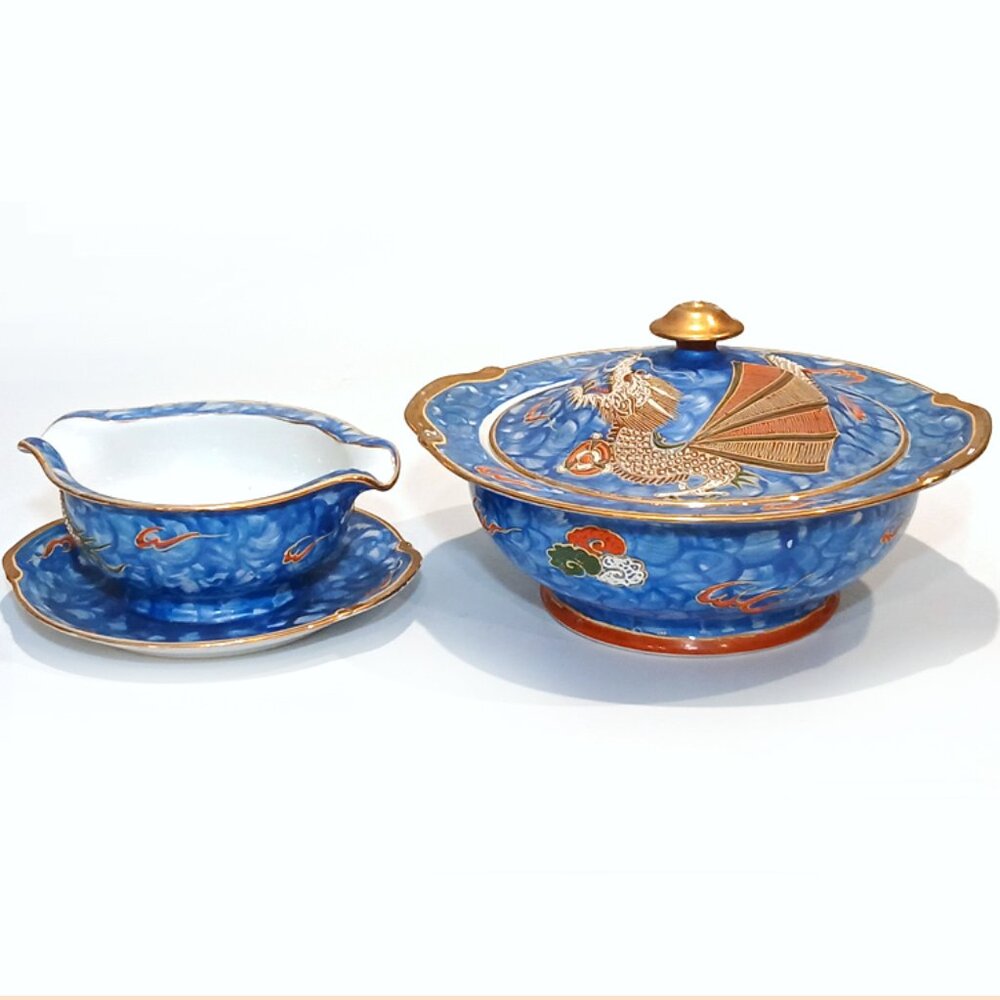 Vintage Japanese Blue Kutani Moriage Dragonware Tureen+Gravy Bowl Occupied Japan